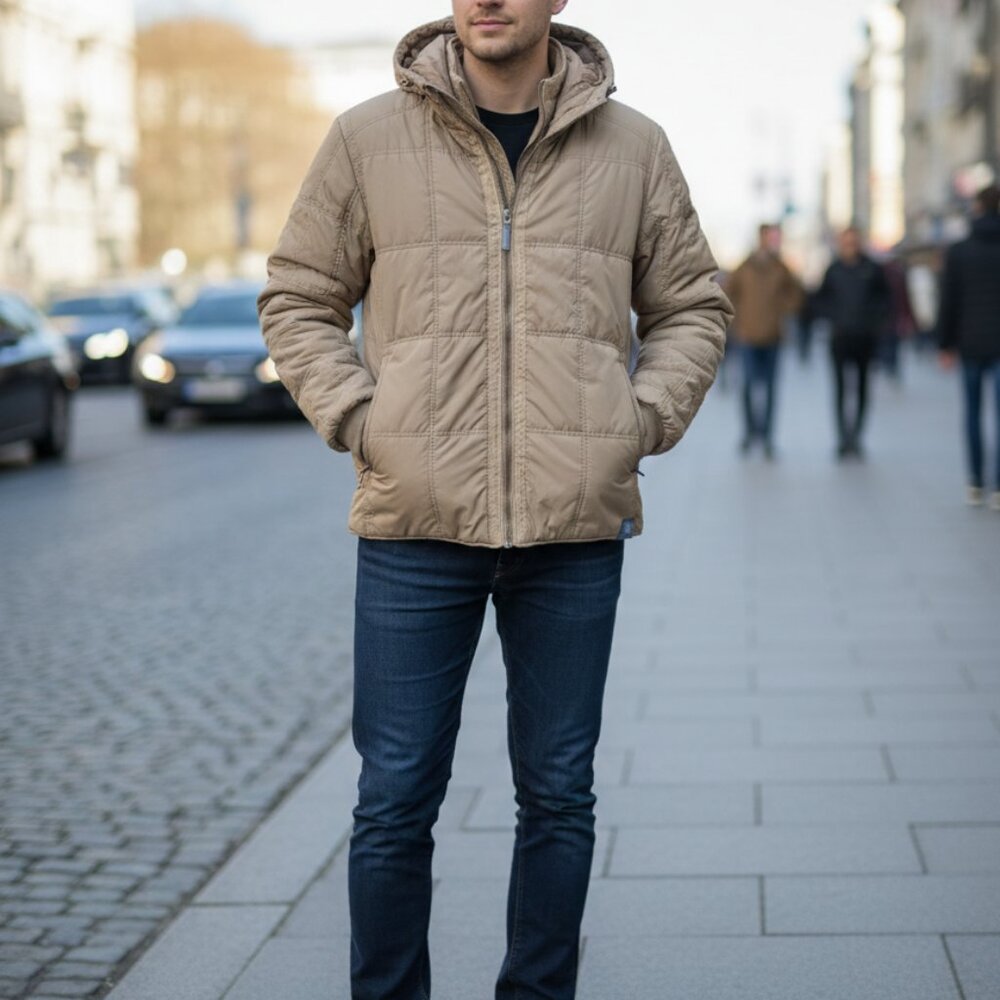 Men’s Stylish Quilted Puffer Jacket with Hood - Khaki/Tan - Size